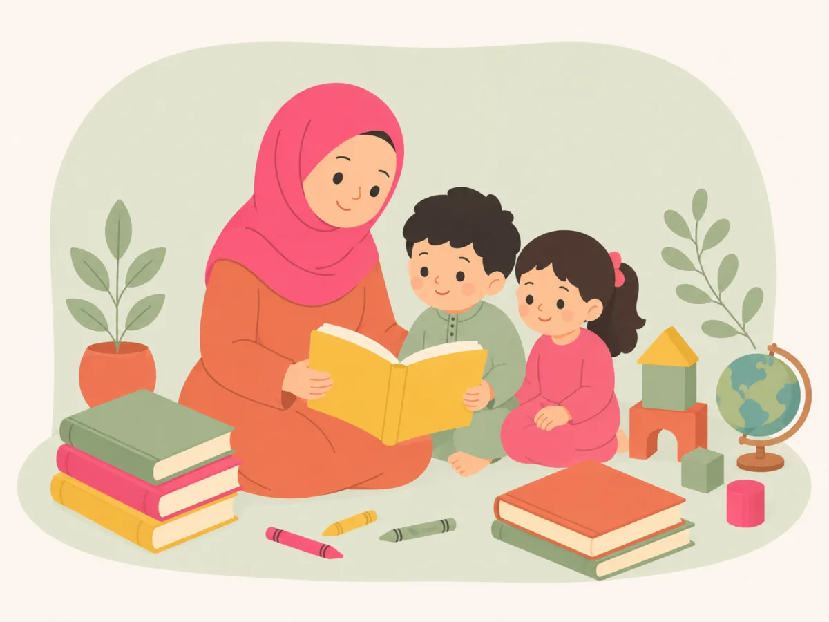A mother in a pink hijab reading a story to two young children, with books, blocks, a globe and plants, in the AbRams brand colours